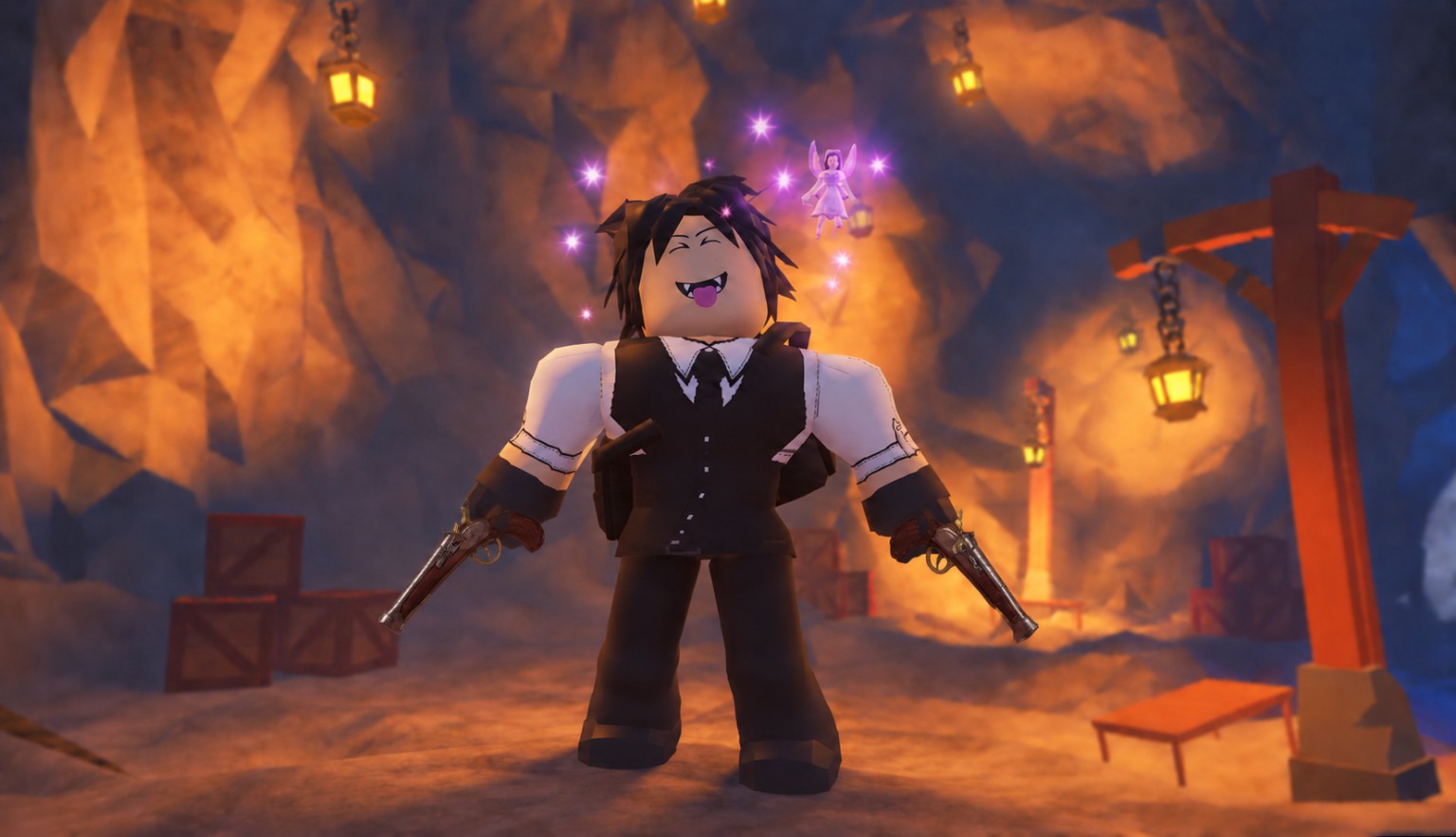 Expecct's smiling Roblox avatar in a lantern-lit pirate cave, with a purple fairy overhead.